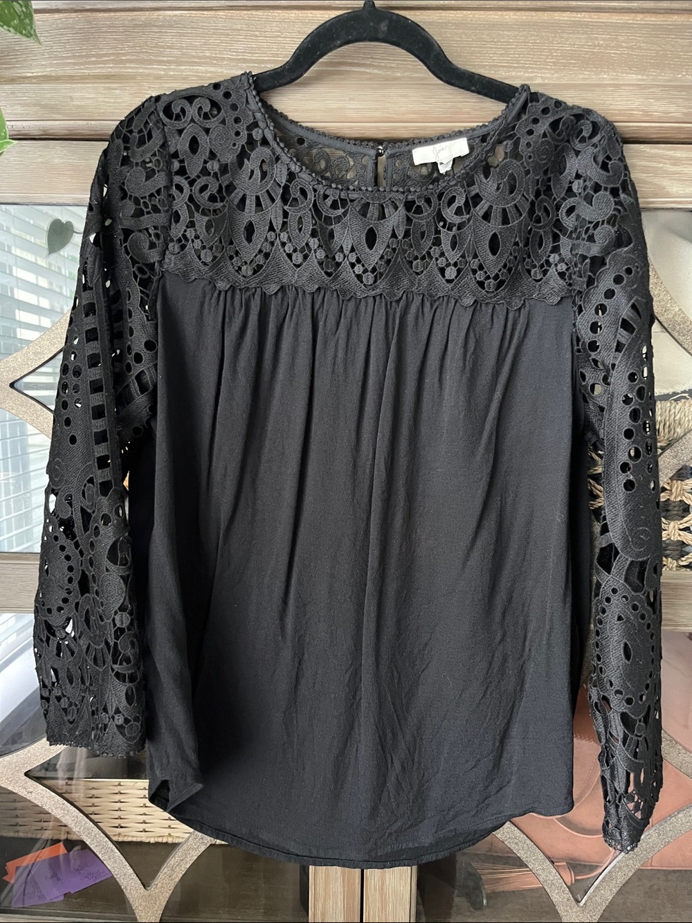 Joie Black Lace Yoke & Sleeve Blouse